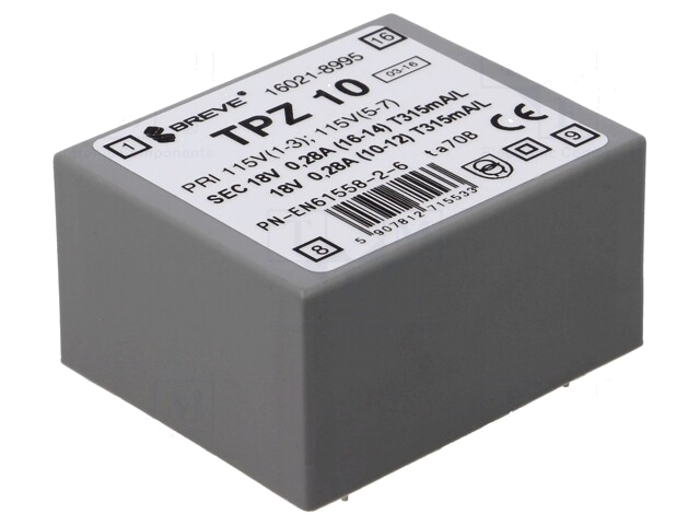 Transformator: netwerk; 10VA; 115VAC,230VAC; 18V; 18V; PCB; IP00 Transformator: netwerk; 10VA; 115VAC,230VAC; 18V; 18V; PCB; IP00